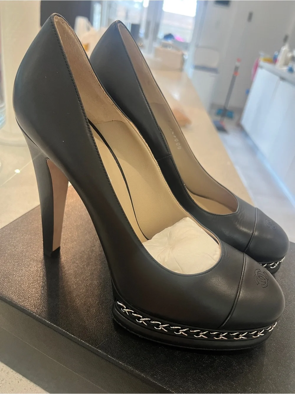 CHANEL Black Leather Cap-Toe Chain Platform Pumps